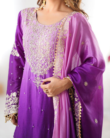 Premium Chinnon Silk with Coding Dori with Sequence with Rivet Moti Work Fancy Suit Set