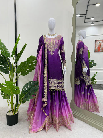 Premium Chinnon Silk with Coding Dori with Sequence with Rivet Moti Work Fancy Suit Set