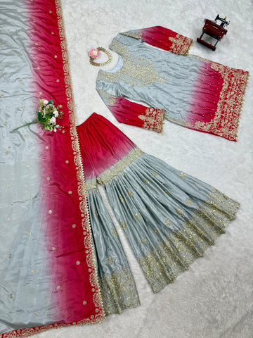Premium Chinnon Silk with Coding Dori with Sequence with Rivet Moti Work Fancy Suit Set