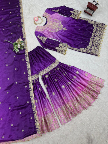Premium Chinnon Silk with Coding Dori with Sequence with Rivet Moti Work Fancy Suit Set