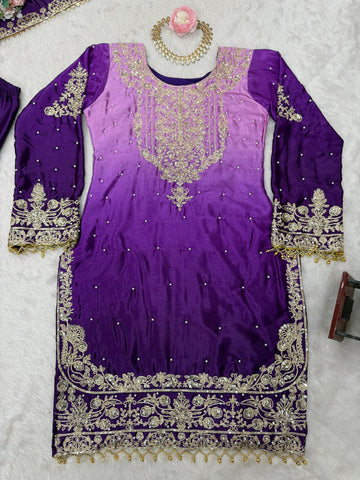 Premium Chinnon Silk with Coding Dori with Sequence with Rivet Moti Work Fancy Suit Set