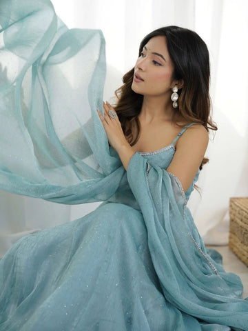 Pure Crunch Silk Chanderi Fabric Anarkali Suit Comes With Duppatta & Pant