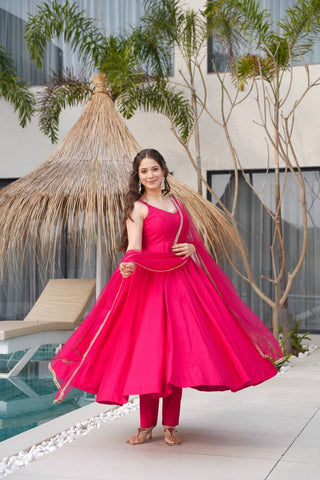 Pure Soft Roman Silk Chanderi Fabric Anarkali Suit Comes With Duppatta & Pant - Pink