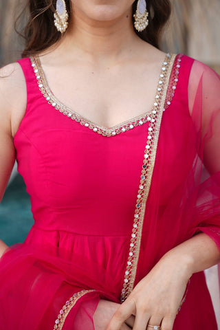 Pure Soft Roman Silk Chanderi Fabric Anarkali Suit Comes With Duppatta & Pant - Pink