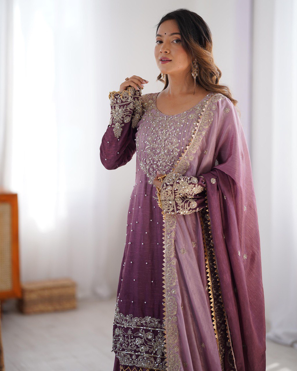 Premium Chinnon Silk with Coding Dori with Sequence with Rivet Moti Work Fancy Suit Set