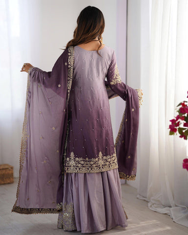 Premium Chinnon Silk with Coding Dori with Sequence with Rivet Moti Work Fancy Suit Set