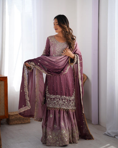 Premium Chinnon Silk with Coding Dori with Sequence with Rivet Moti Work Fancy Suit Set