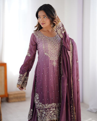 Premium Chinnon Silk with Coding Dori with Sequence with Rivet Moti Work Fancy Suit Set