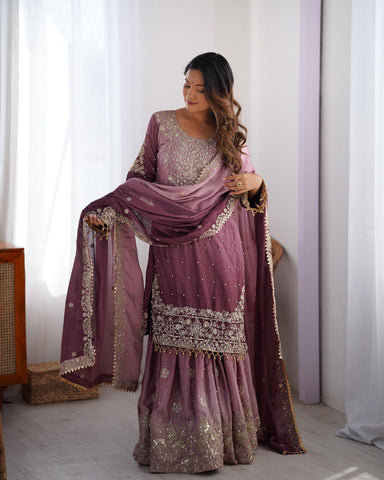 Premium Chinnon Silk with Coding Dori with Sequence with Rivet Moti Work Fancy Suit Set