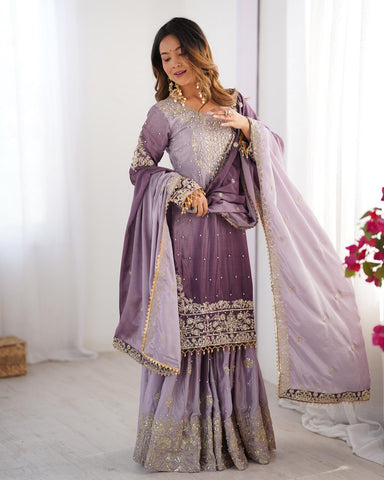 Premium Chinnon Silk with Coding Dori with Sequence with Rivet Moti Work Fancy Suit Set