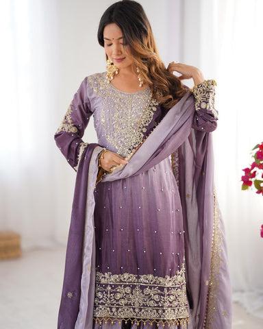 Premium Chinnon Silk with Coding Dori with Sequence with Rivet Moti Work Fancy Suit Set