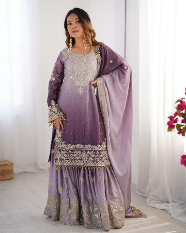 Premium Chinnon Silk with Coding Dori with Sequence with Rivet Moti Work Fancy Suit Set