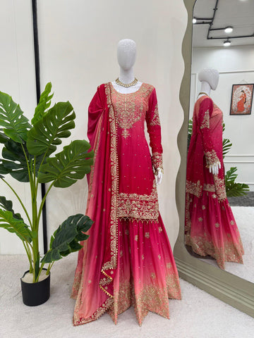 Premium Chinnon Silk with Coding Dori with Sequence with Rivet Moti Work Fancy Suit Set