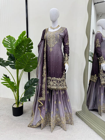 Premium Chinnon Silk with Coding Dori with Sequence with Rivet Moti Work Fancy Suit Set