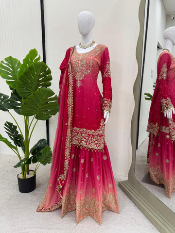 Premium Chinnon Silk with Coding Dori with Sequence with Rivet Moti Work Fancy Suit Set