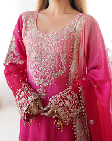 Premium Chinnon Silk with Coding Dori with Sequence with Rivet Moti Work Fancy Suit Set