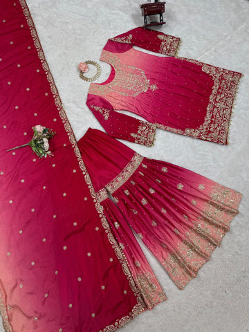 Premium Chinnon Silk with Coding Dori with Sequence with Rivet Moti Work Fancy Suit Set