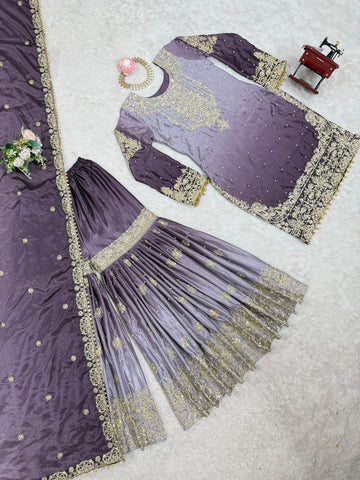Premium Chinnon Silk with Coding Dori with Sequence with Rivet Moti Work Fancy Suit Set