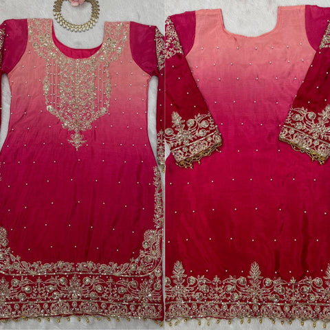 Premium Chinnon Silk with Coding Dori with Sequence with Rivet Moti Work Fancy Suit Set