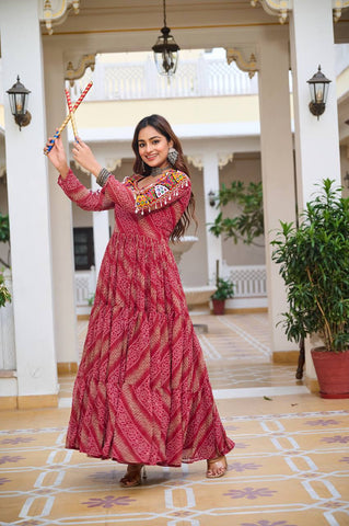 Special Faux Georgette Bandhani Print Gown with 9 Meter Huge Flair For Festive Season