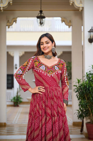 Special Faux Georgette Bandhani Print Gown with 9 Meter Huge Flair For Festive Season