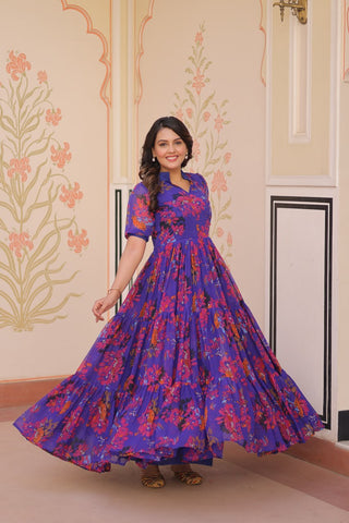 Premium Faux Georgette With Print Embroidered work Gown