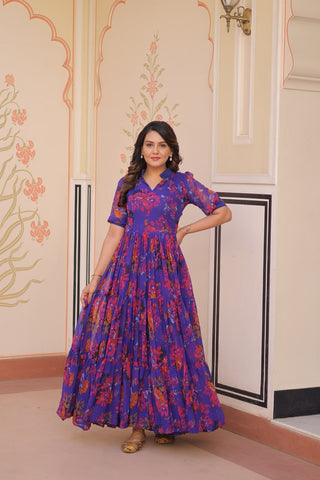 Premium Faux Georgette With Print Embroidered work Gown