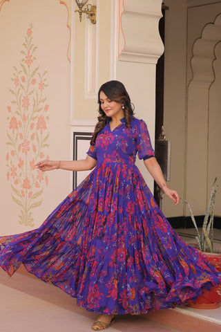 Premium Faux Georgette With Print Embroidered work Gown