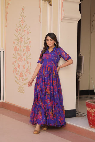 Premium Faux Georgette With Print Embroidered work Gown