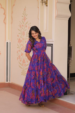 Premium Faux Georgette With Print Embroidered work Gown