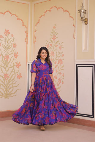 Premium Faux Georgette With Print Embroidered work Gown