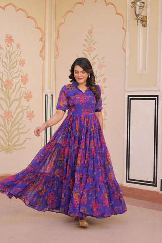 Premium Faux Georgette With Print Embroidered work Gown