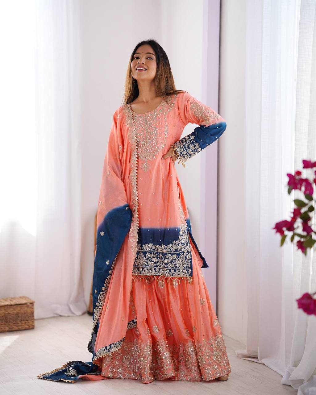 Premium Chinnon Silk with Coding Dori with Sequence with Rivet Moti Work Fancy Suit Set