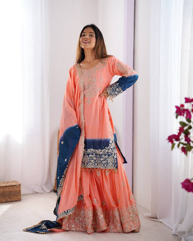 Premium Chinnon Silk with Coding Dori with Sequence with Rivet Moti Work Fancy Suit Set