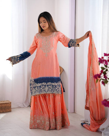 Premium Chinnon Silk with Coding Dori with Sequence with Rivet Moti Work Fancy Suit Set