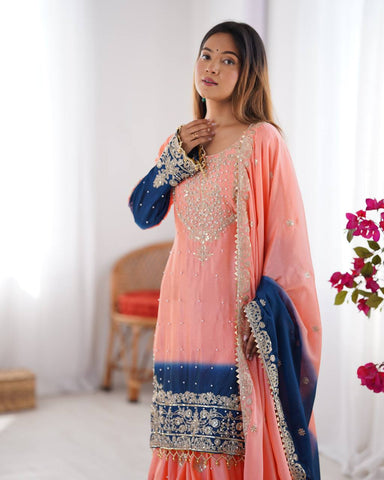 Premium Chinnon Silk with Coding Dori with Sequence with Rivet Moti Work Fancy Suit Set