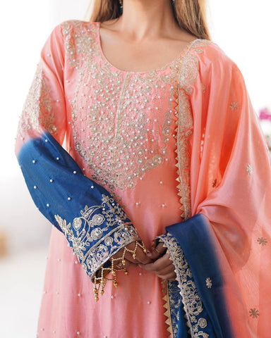Premium Chinnon Silk with Coding Dori with Sequence with Rivet Moti Work Fancy Suit Set