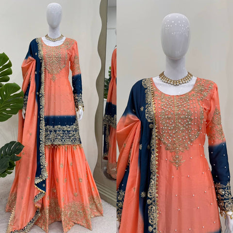 Premium Chinnon Silk with Coding Dori with Sequence with Rivet Moti Work Fancy Suit Set