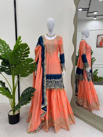 Premium Chinnon Silk with Coding Dori with Sequence with Rivet Moti Work Fancy Suit Set