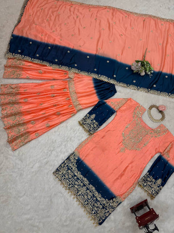 Premium Chinnon Silk with Coding Dori with Sequence with Rivet Moti Work Fancy Suit Set
