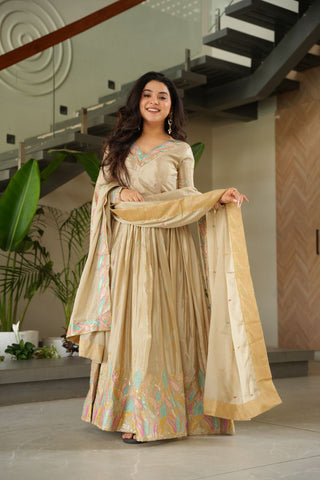 Pure Chinnon Silk With Rich Sequins & Multi Thread Embroidered Work Gown