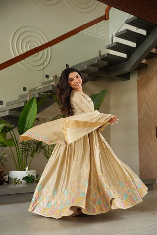 Pure Chinnon Silk With Rich Sequins & Multi Thread Embroidered Work Gown