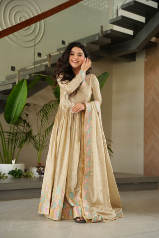 Pure Chinnon Silk With Rich Sequins & Multi Thread Embroidered Work Gown