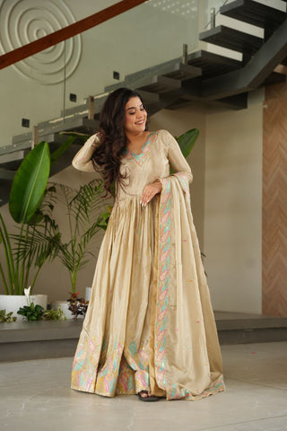Pure Chinnon Silk With Rich Sequins & Multi Thread Embroidered Work Gown