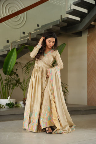Pure Chinnon Silk With Rich Sequins & Multi Thread Embroidered Work Gown