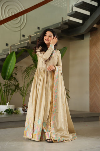 Pure Chinnon Silk With Rich Sequins & Multi Thread Embroidered Work Gown