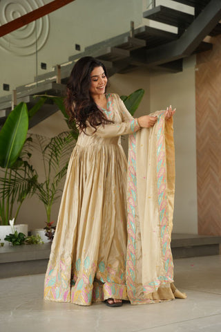 Pure Chinnon Silk With Rich Sequins & Multi Thread Embroidered Work Gown