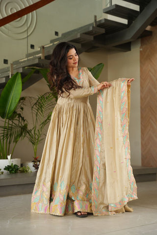 Pure Chinnon Silk With Rich Sequins & Multi Thread Embroidered Work Gown