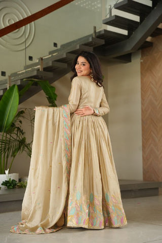 Pure Chinnon Silk With Rich Sequins & Multi Thread Embroidered Work Gown