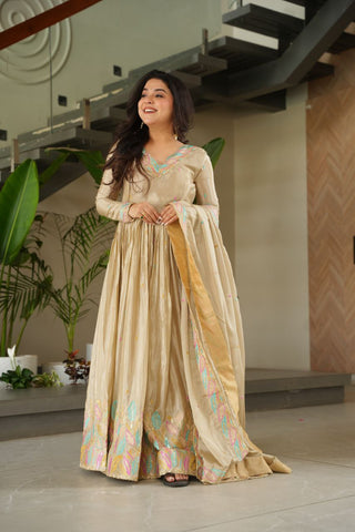 Pure Chinnon Silk With Rich Sequins & Multi Thread Embroidered Work Gown